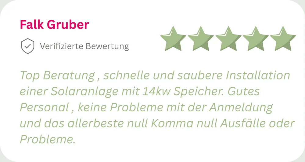 5 Sterne von Falk Gruber: Top Beratung, schnelle und saubere Installation einer Solaranlage mit 14 kW Speicher.